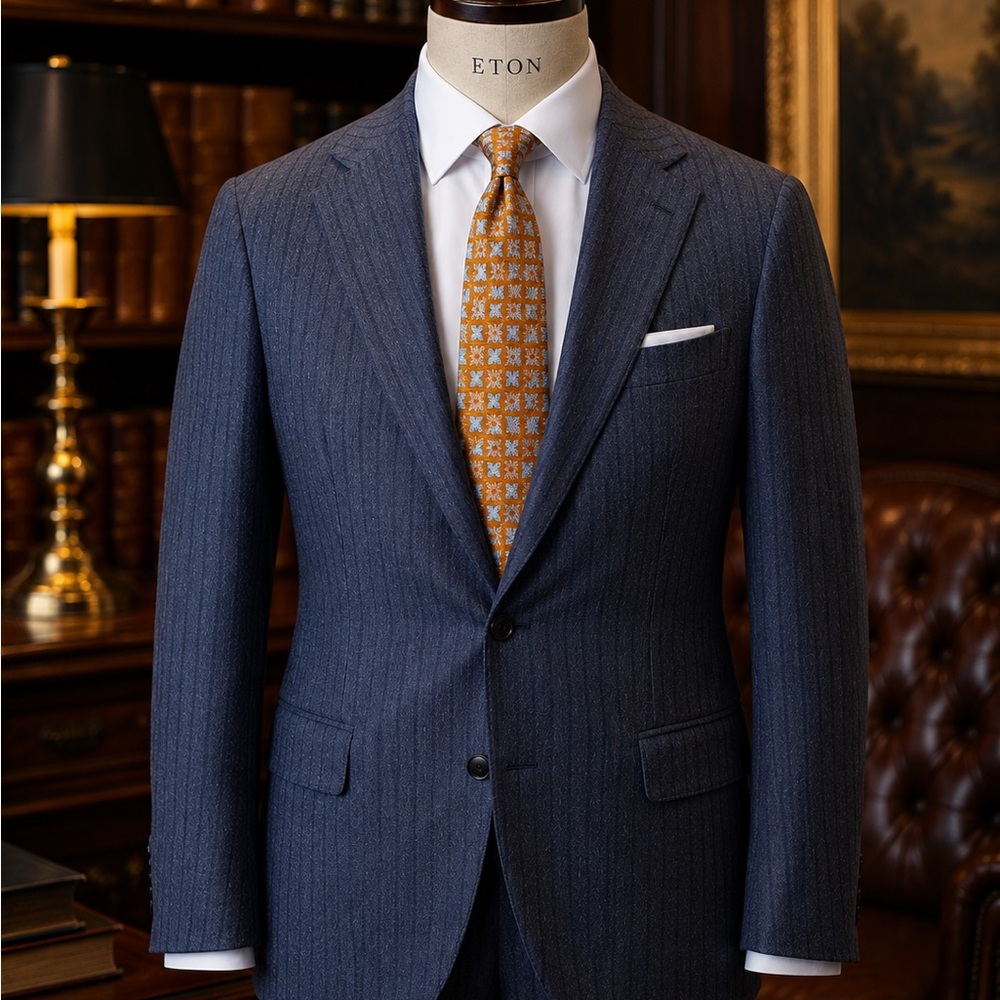 Kiton Lt  Blue/Grey Pinstripe Cashmere Suit with Private Lable Ochre Tie